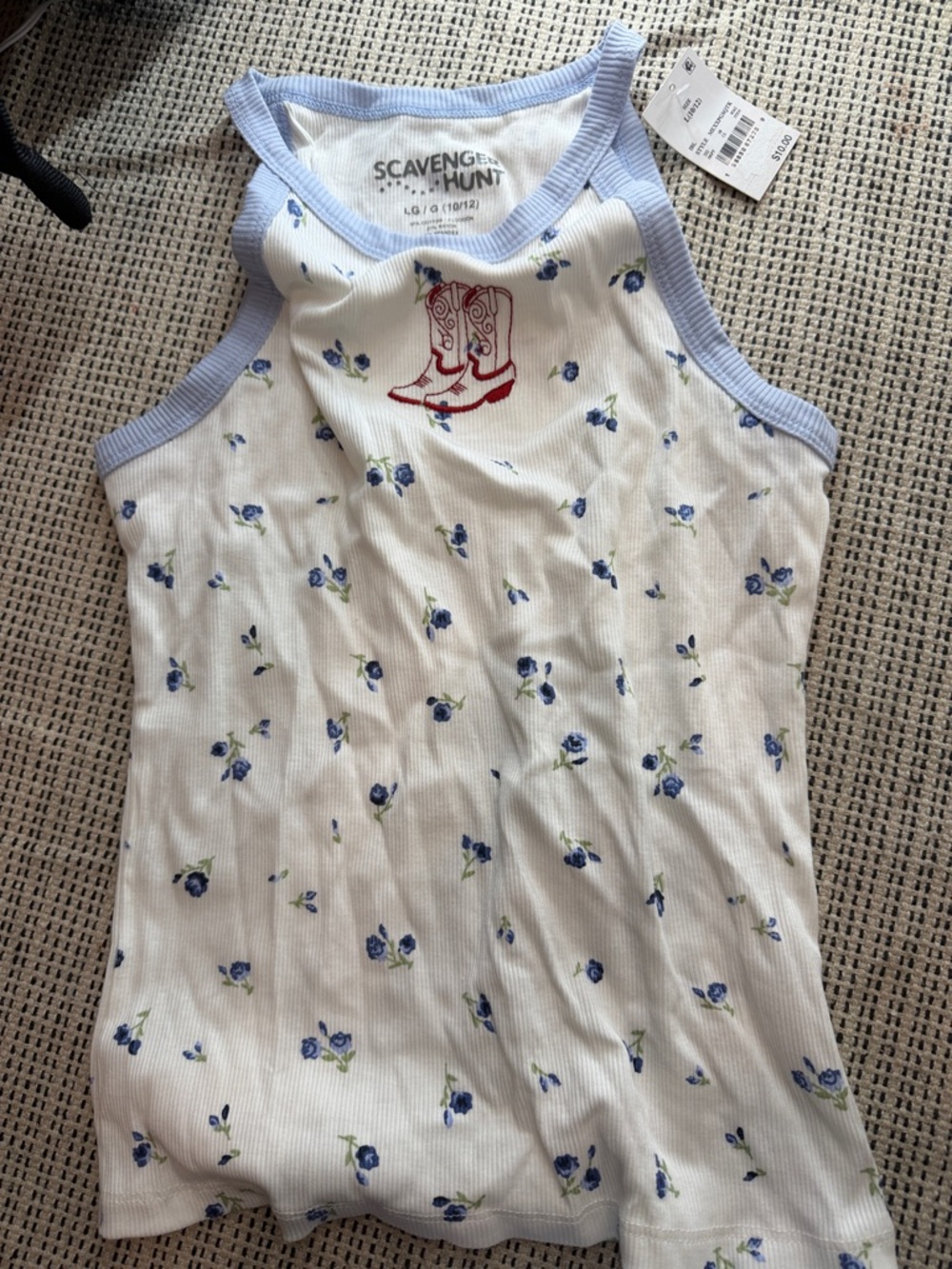 2 tops Girls size L 10/12 Scavenger Hunt White Floral Ribbed Tank with Blue Trim